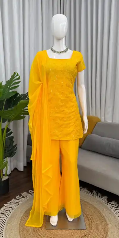 Super Yellow Faux Georgette Thread Work Salwar Suit