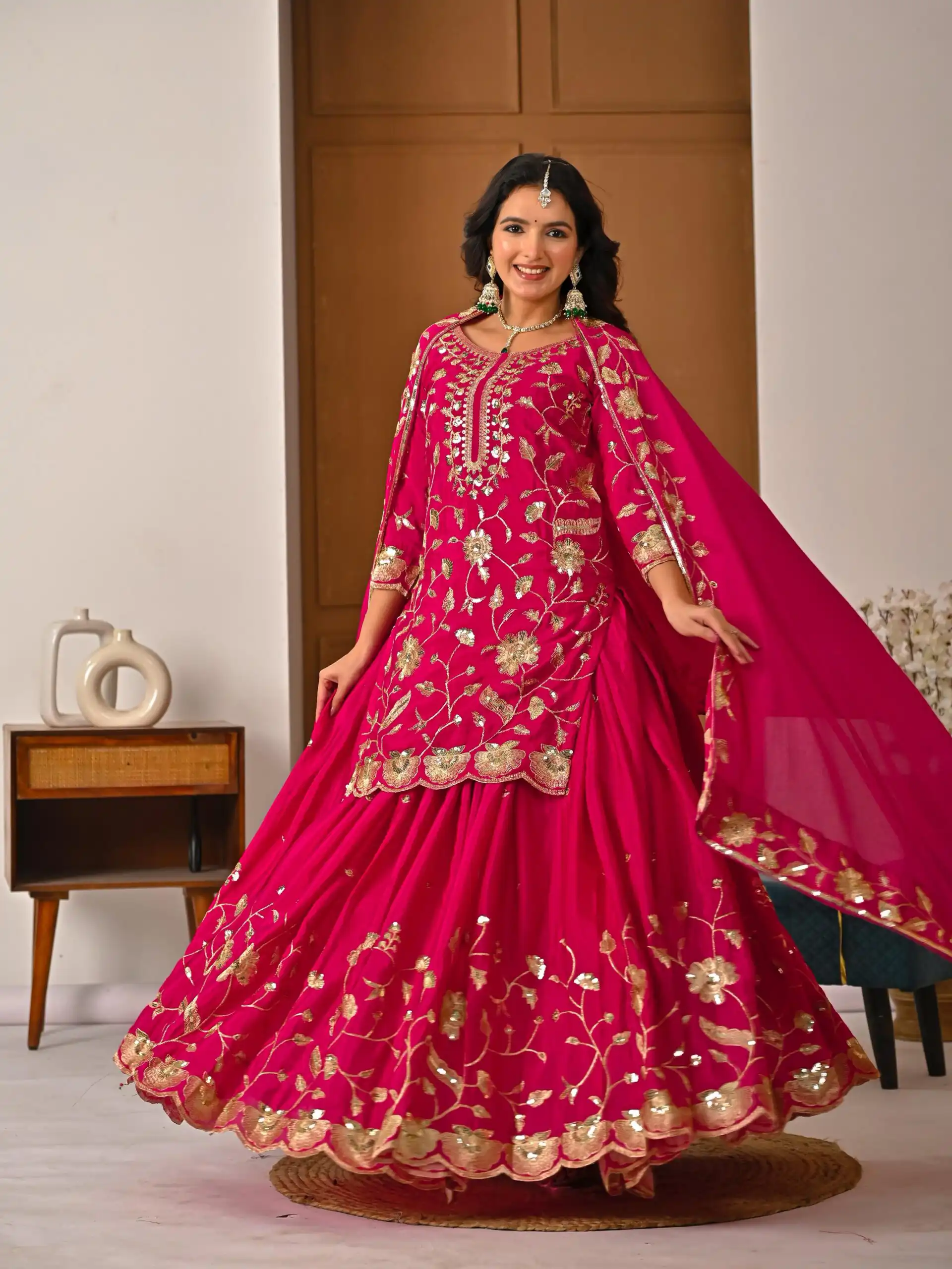 Superb Pink Chinon Silk Embroider Work Salwar Suit