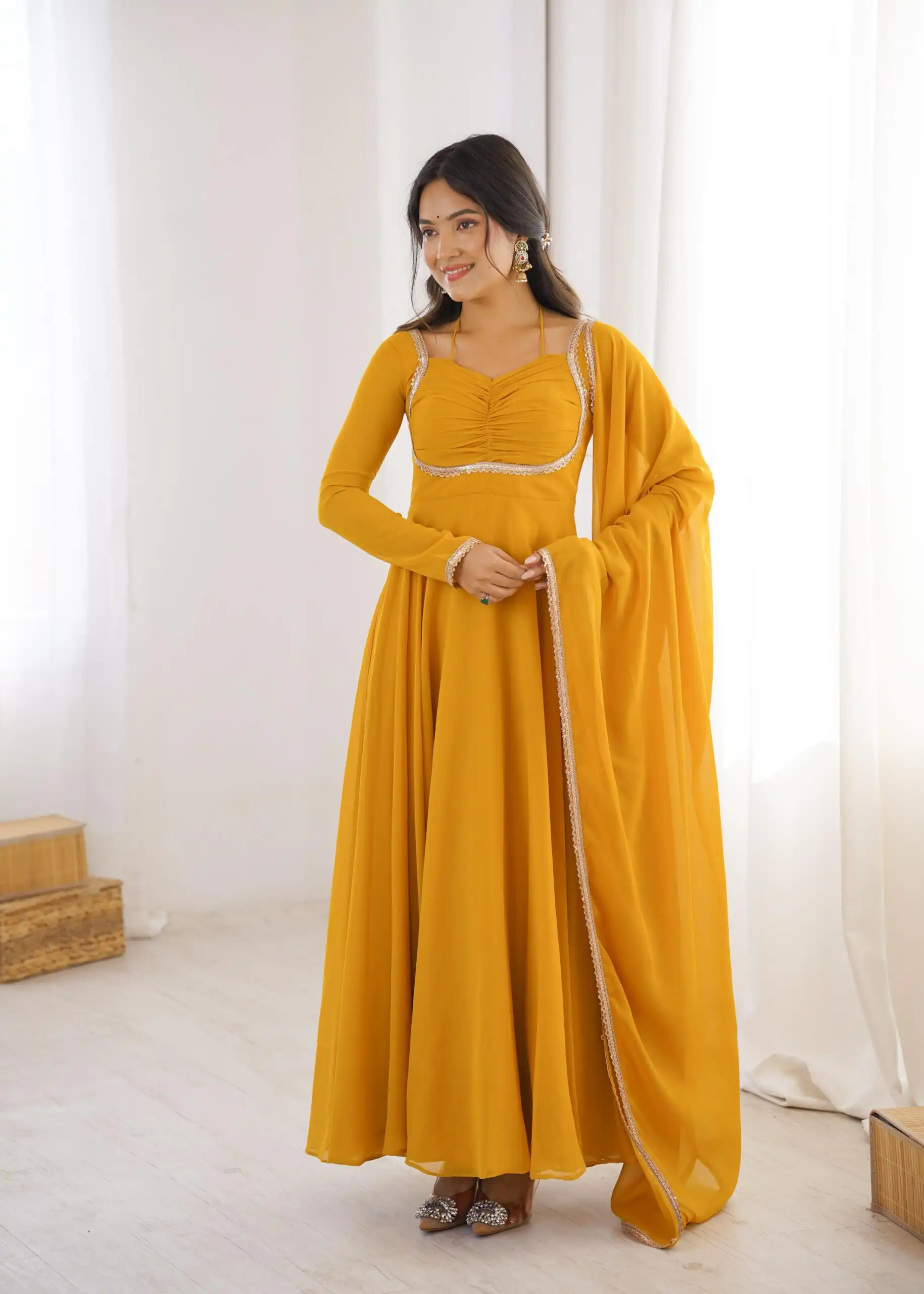 Superb Yellow Fox Blooming Georgette Lace Work Gown - Image 7