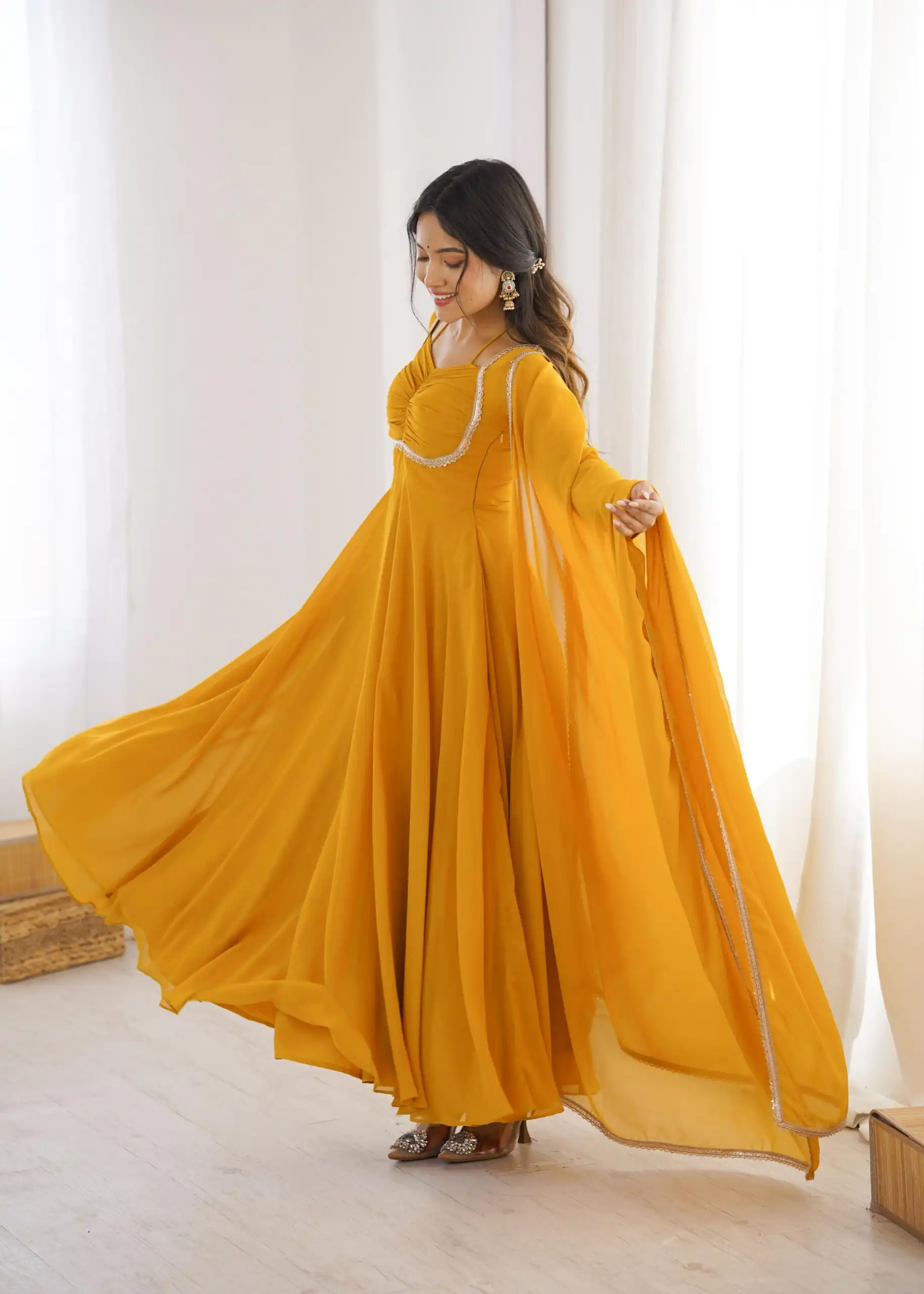 Superb Yellow Fox Blooming Georgette Lace Work Gown - Image 4