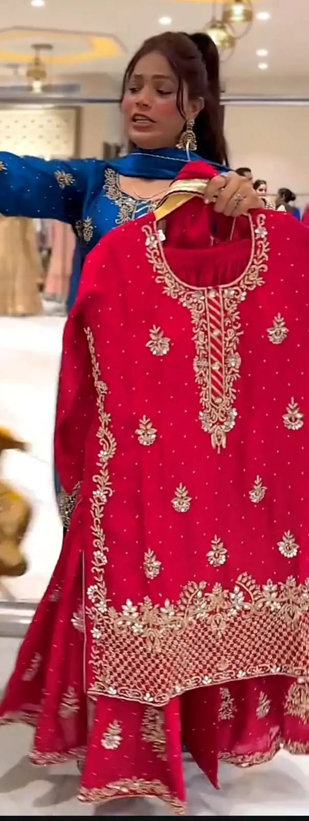 Red Chinon Silk With Embroidery Work Salwar Suit - Image 3
