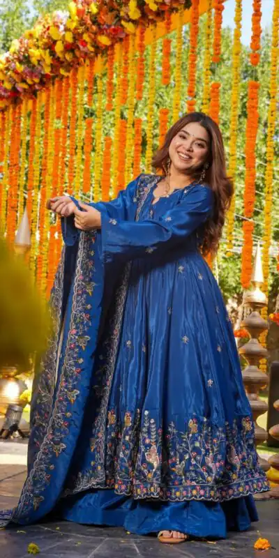 Blue Natural Crap Silk Embroidery Work Anarkali Suit