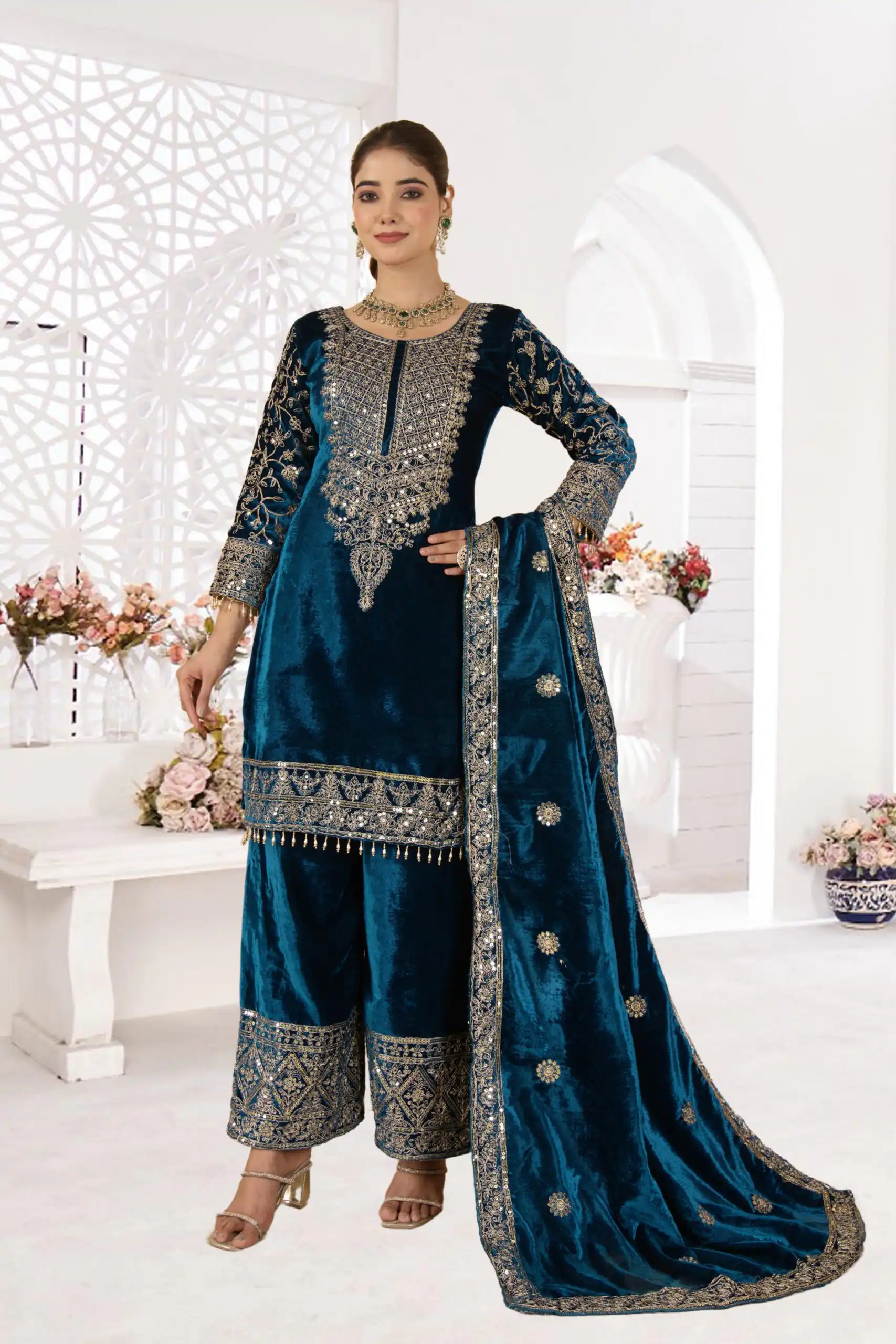 Teal Viscose Velvet With Sequence Work Salwar Suit - Image 4
