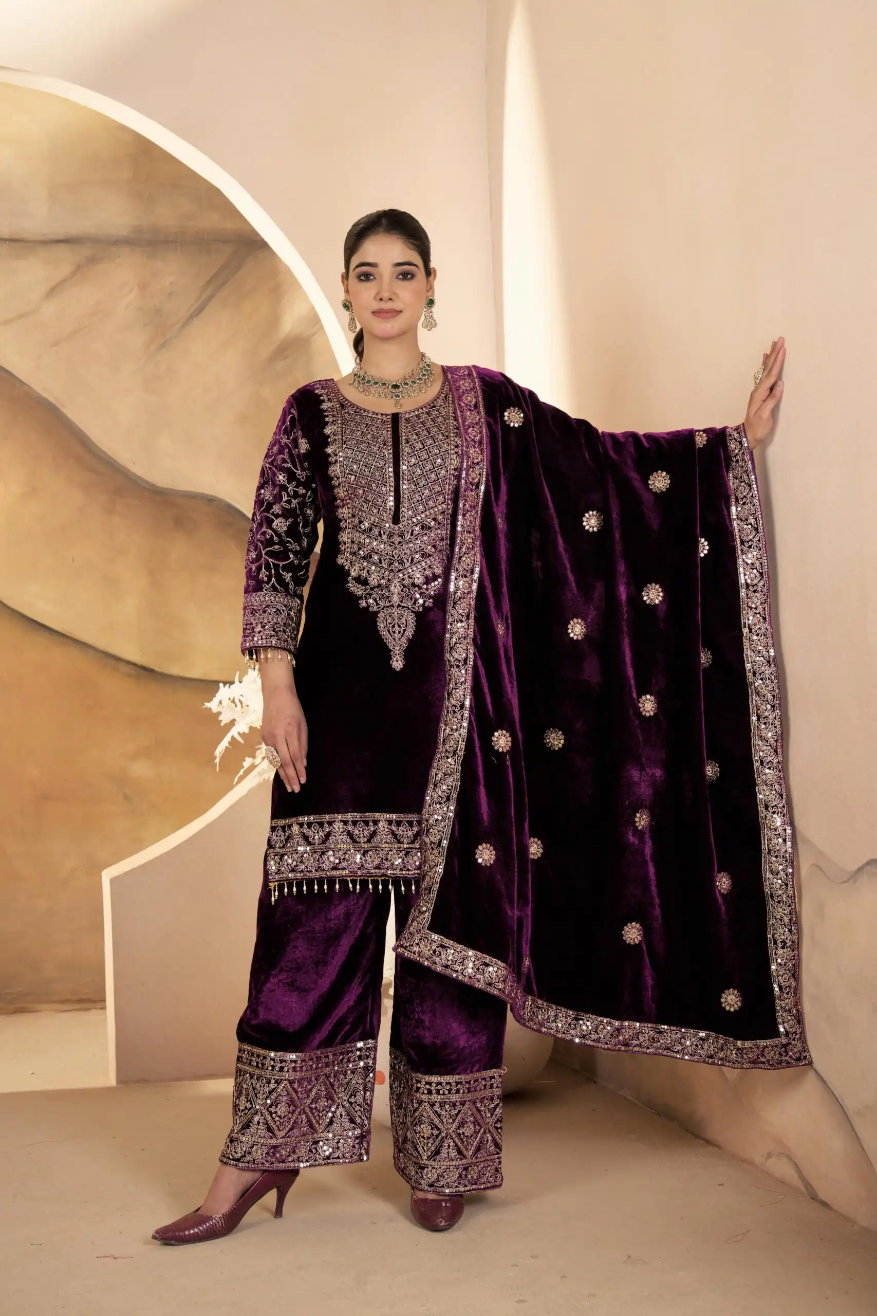 Purple Viscose Velvet With Sequence Work Salwar Suit
