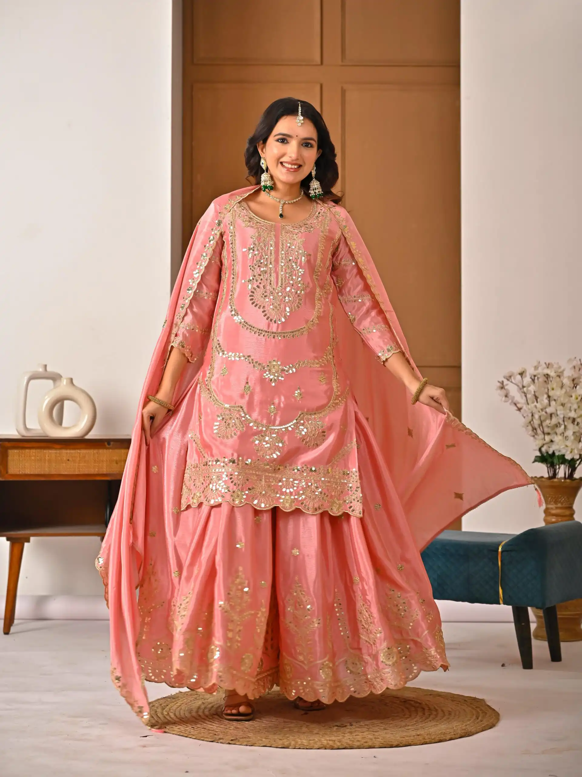 Peach Chinon Silk Embroider Lace Work Salwar Suit - Image 3