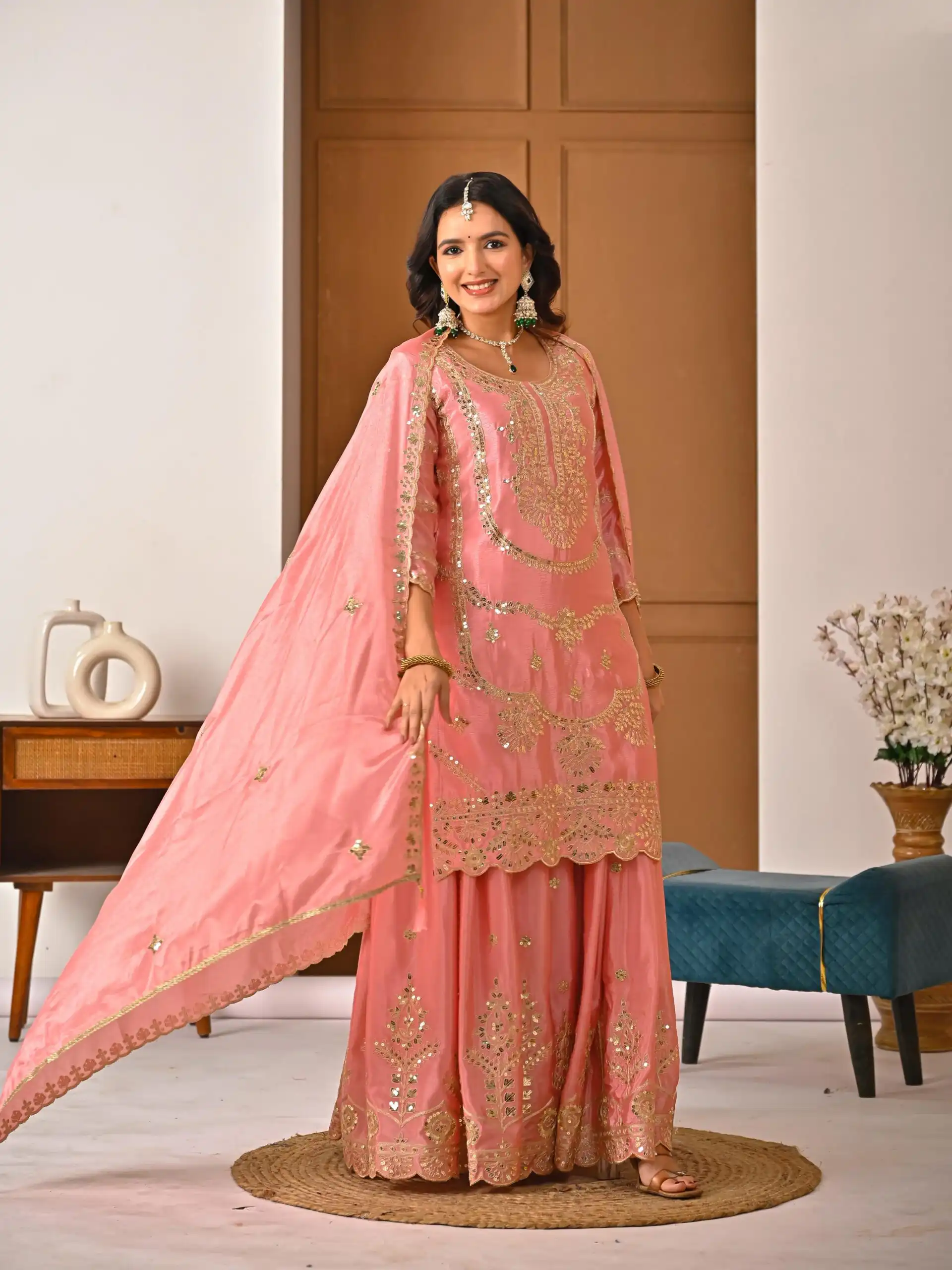 Peach Chinon Silk Embroider Lace Work Salwar Suit - Image 4