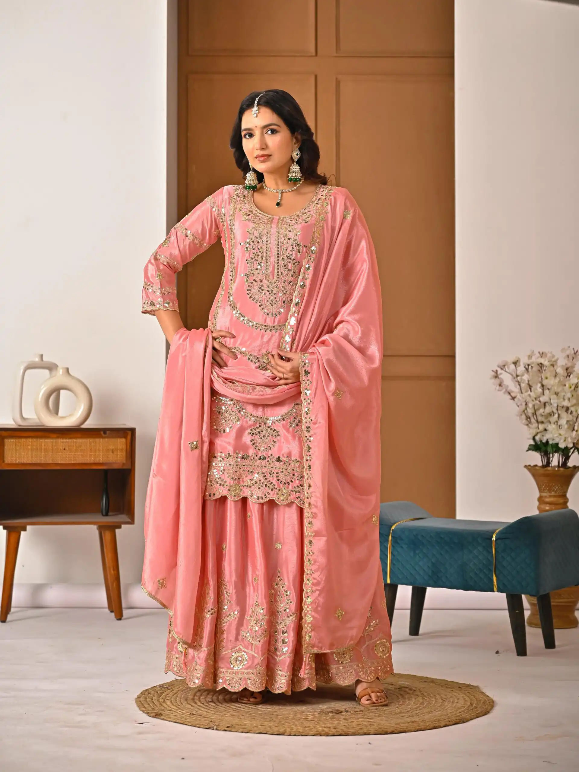 Peach Chinon Silk Embroider Lace Work Salwar Suit - Image 5