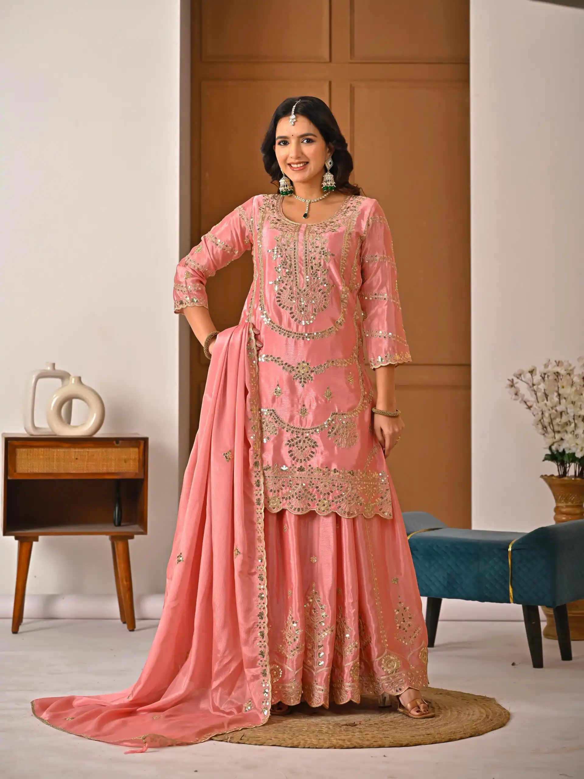 Peach Chinon Silk Embroider Lace Work Salwar Suit - Image 7