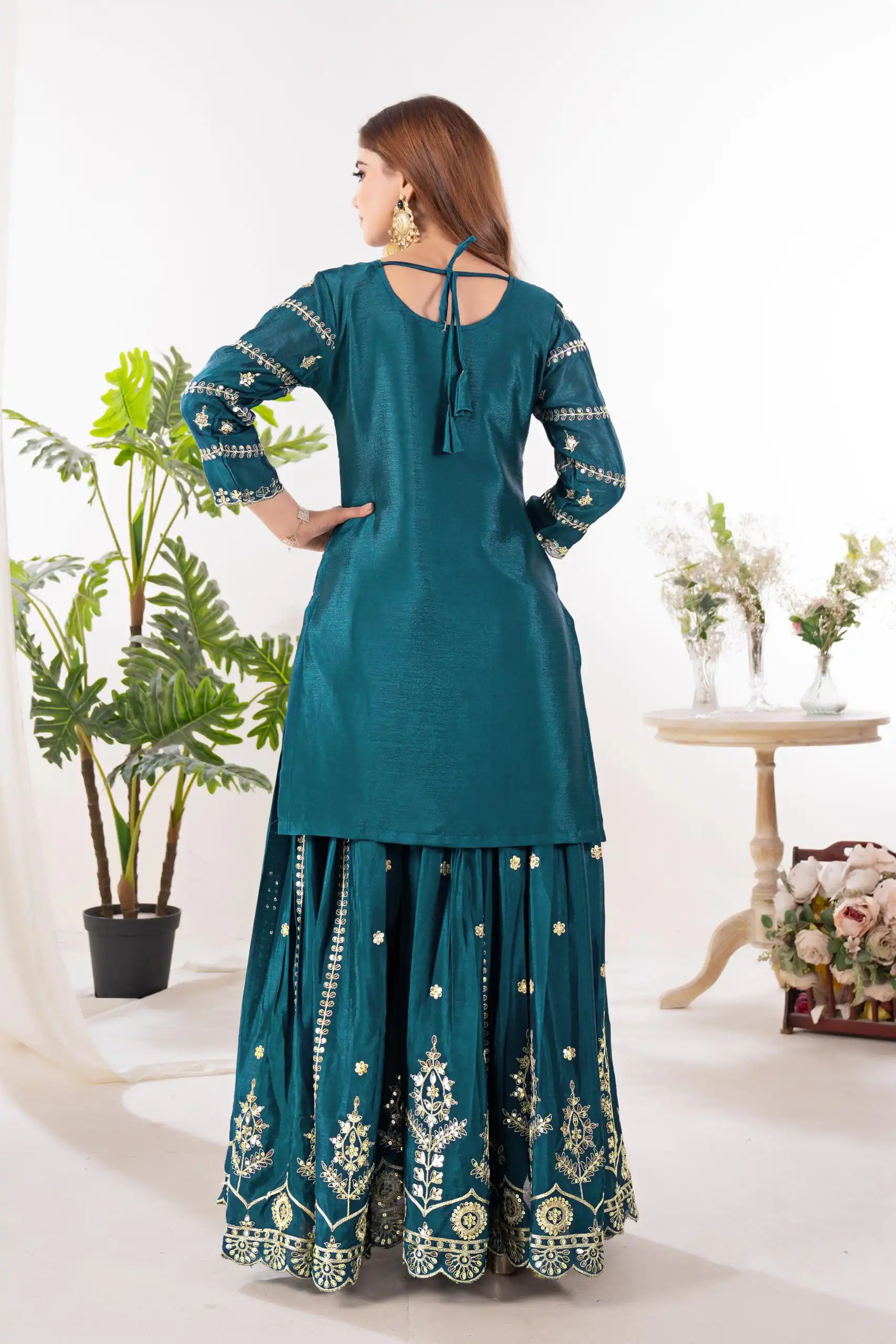 Teal Chinon Silk Embroider Lace Work Salwar Suit - Image 6
