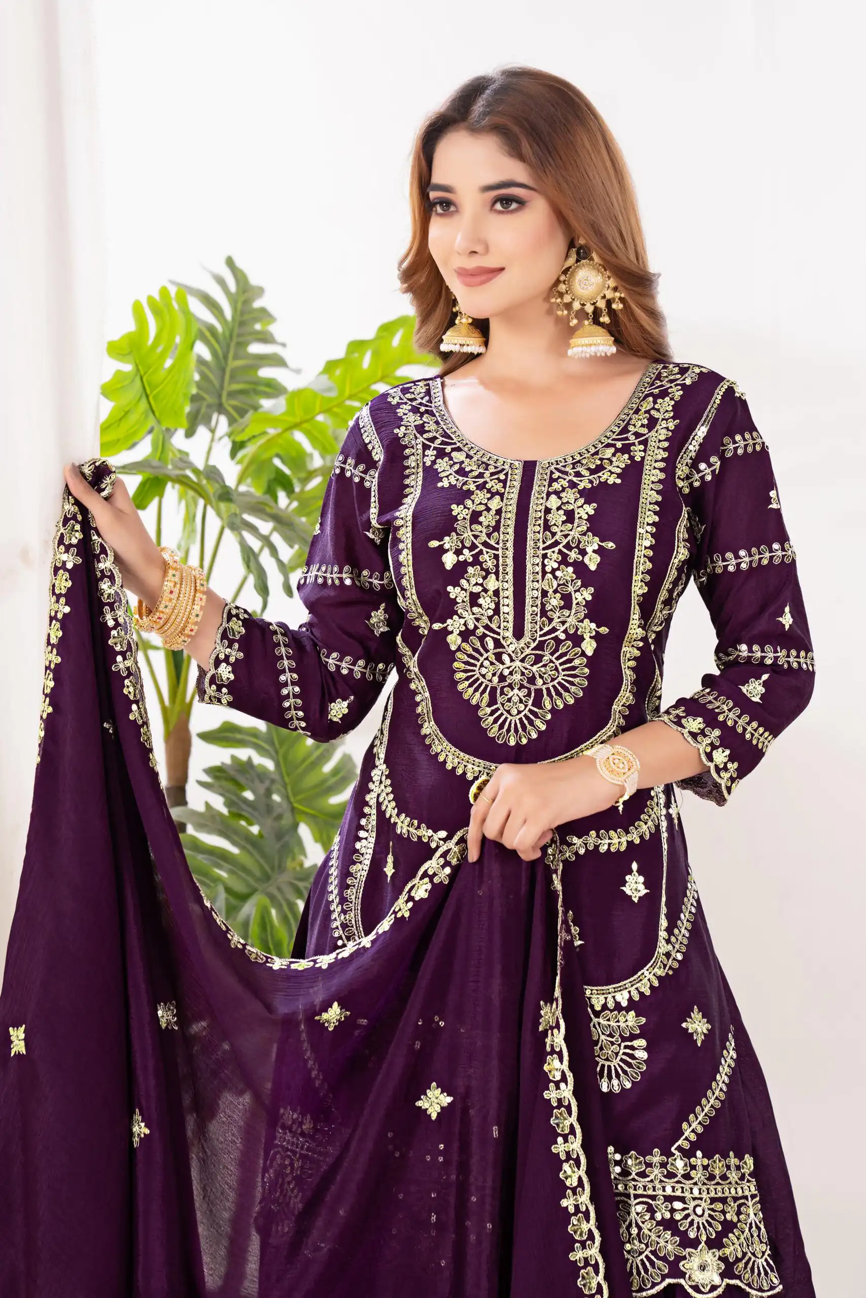 Wine Chinon Silk Embroider Lace Work Salwar Suit - Image 5