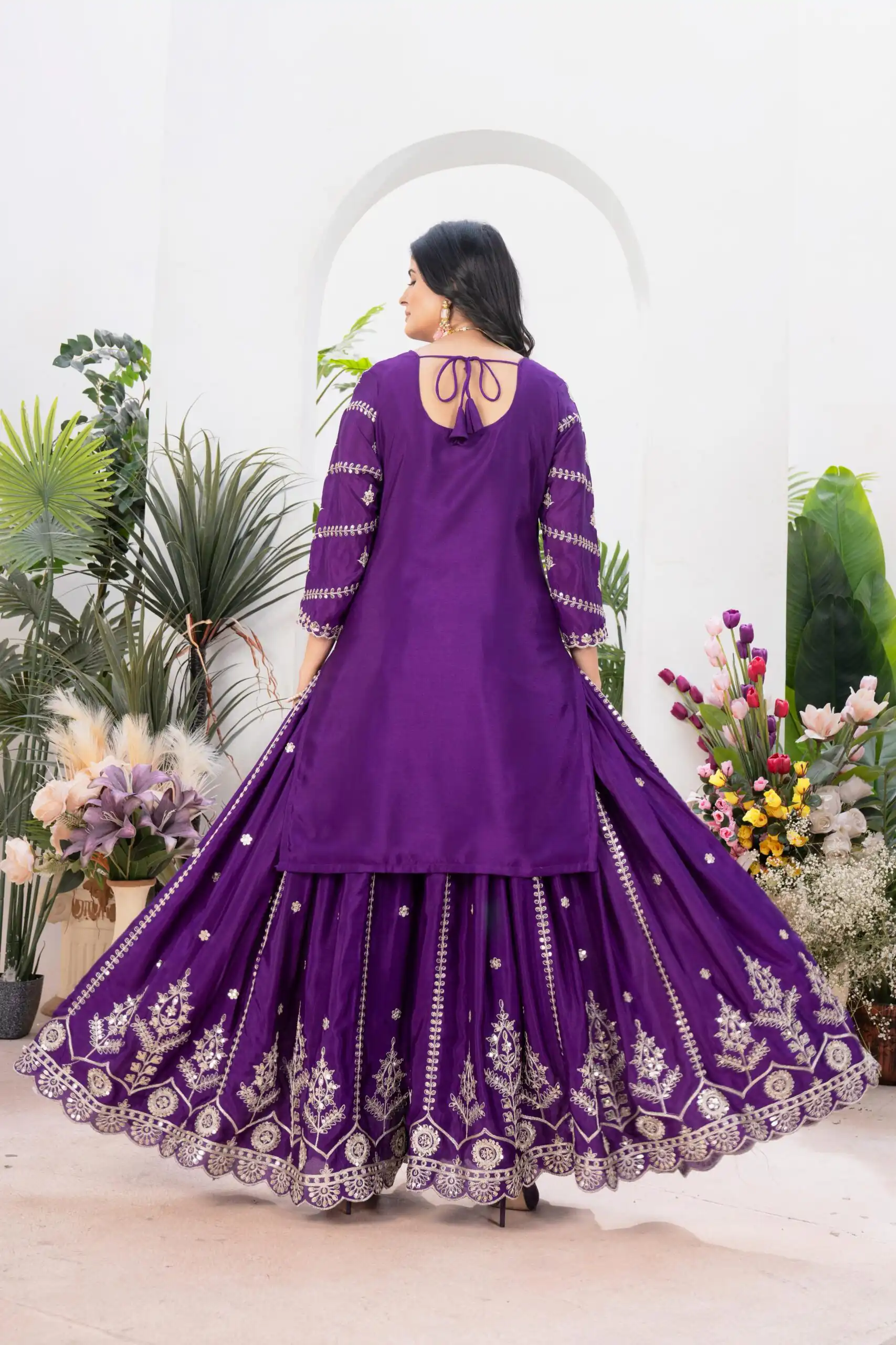 Dark Purple Chinon Silk Embroider Lace Work Salwar Suit - Image 5