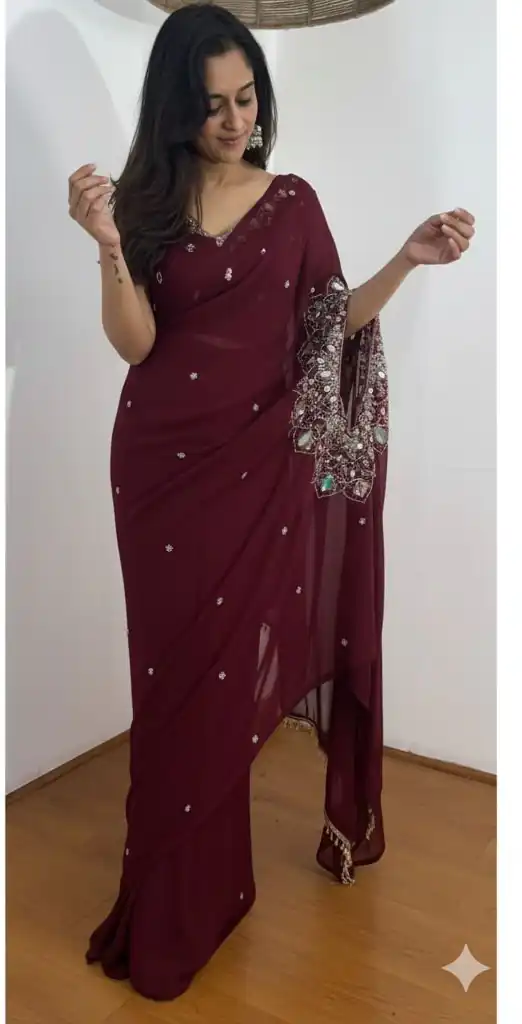 Wine Faux Georgette Mirror Embroidery Work Saree - Image 3