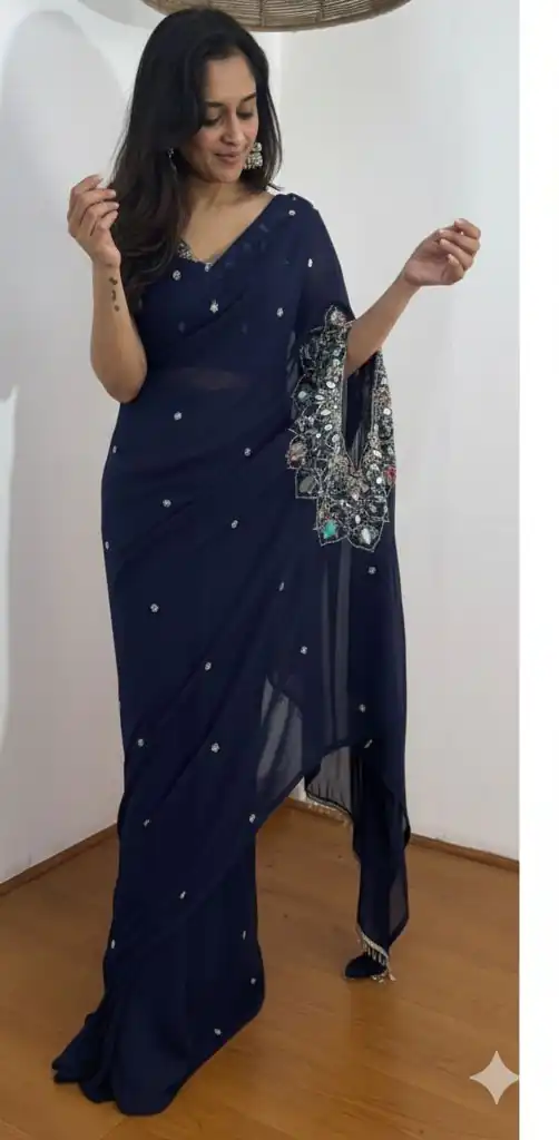 Navy Blue Faux Georgette Mirror Embroidery Work Saree - Image 3