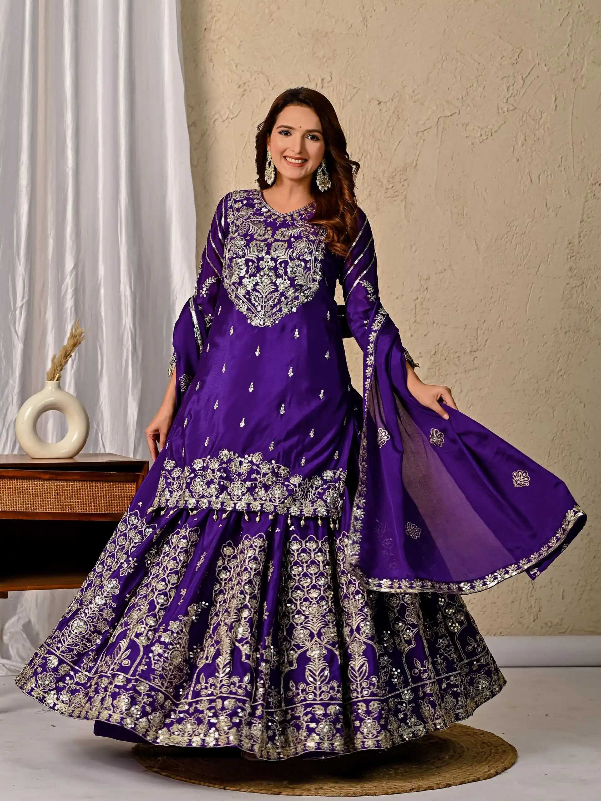 Dark Purple Chinon Silk Embroidery Zari Work Lehenga Choli