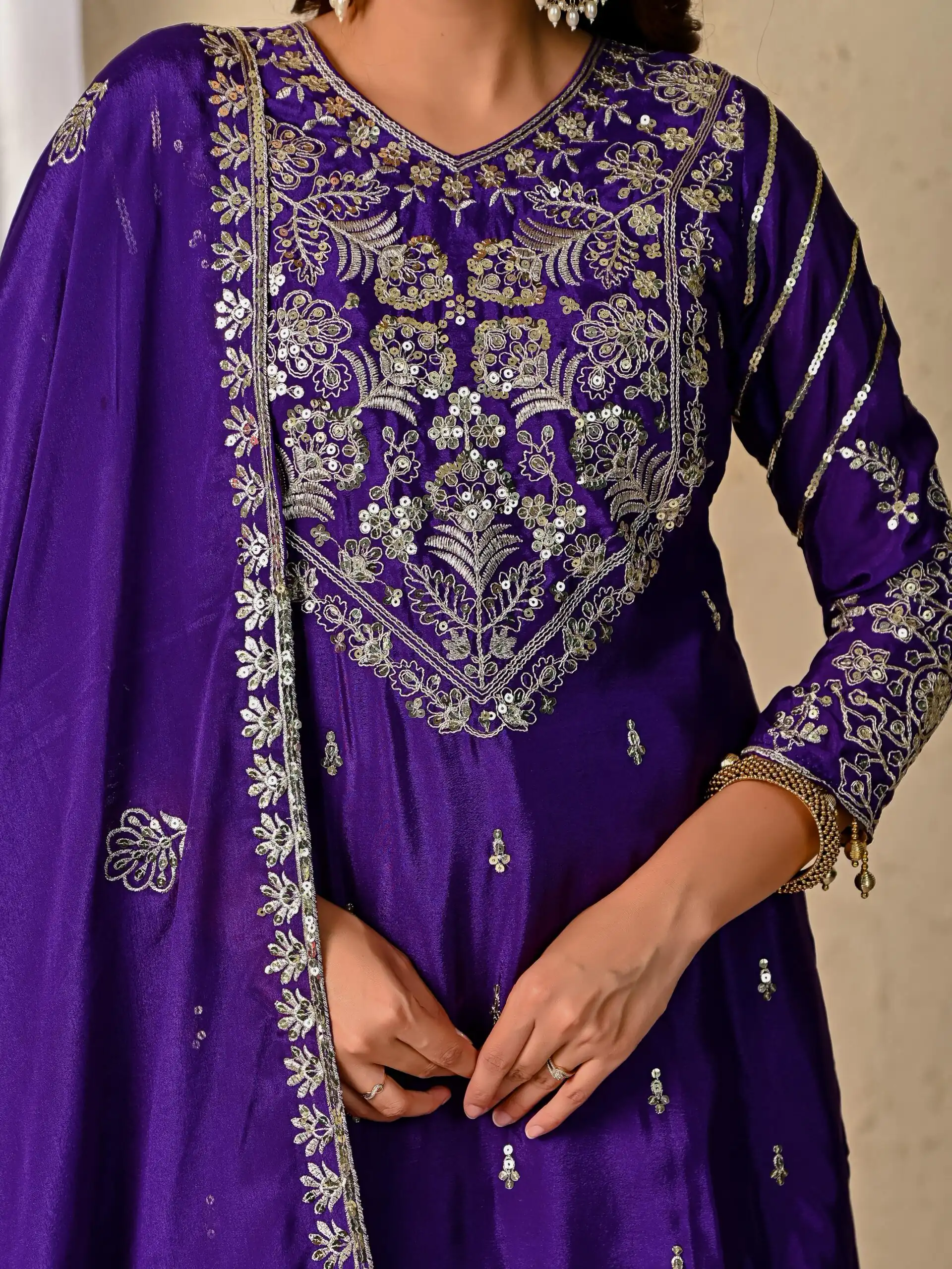 Dark Purple Chinon Silk Embroidery Zari Work Lehenga Choli - Image 5