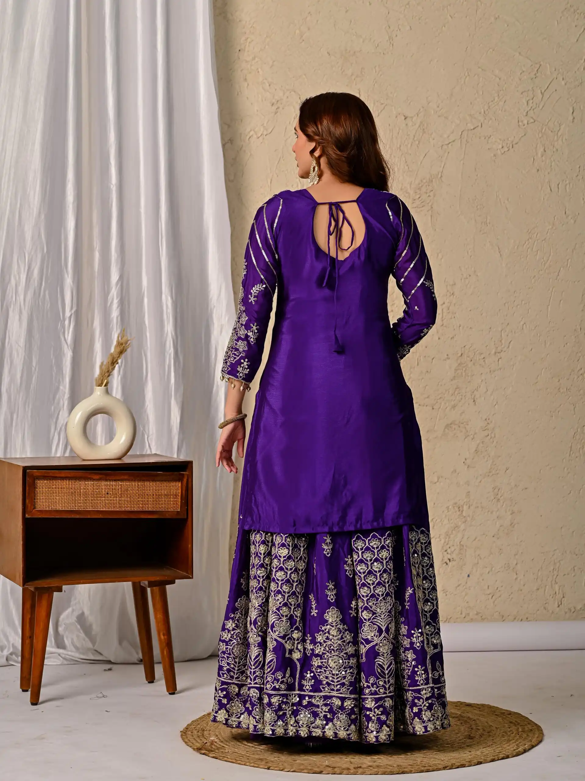 Dark Purple Chinon Silk Embroidery Zari Work Lehenga Choli - Image 6