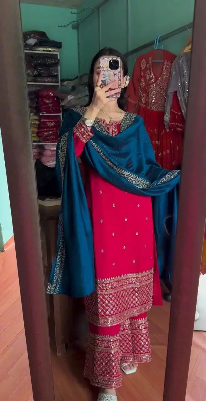 Red Chinon Lace Embroidery Work Salwar Suit - Image 2