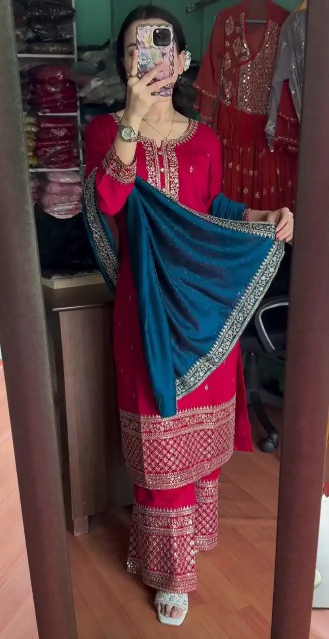 Red Chinon Lace Embroidery Work Salwar Suit - Image 4