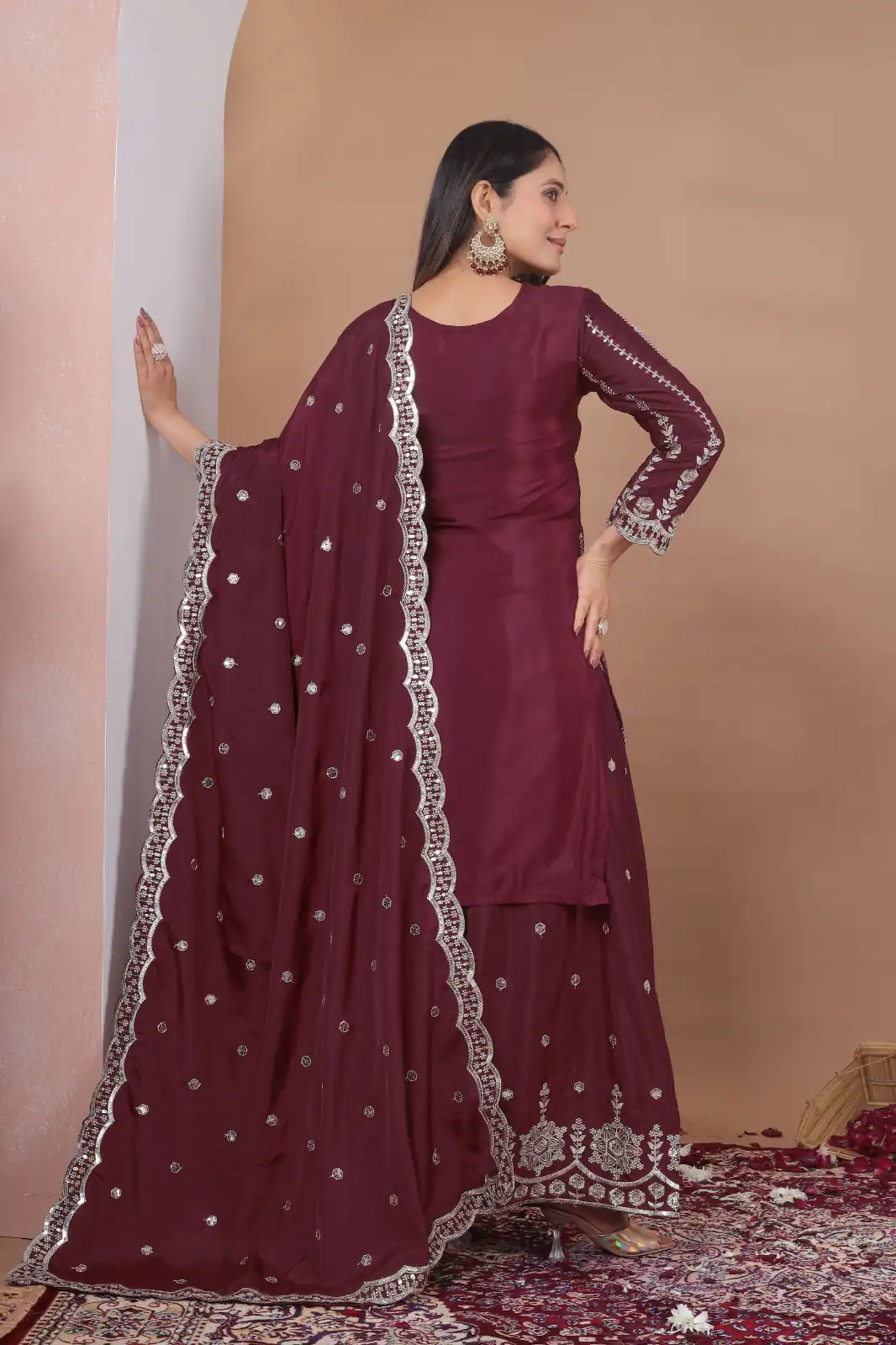 Maroon Natural Crap Embroidery Work Salwar Suit - Image 5