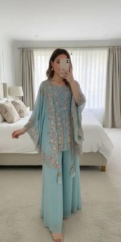 Sky Blue Faux Georgette With Embroidery Work Salwar Suit