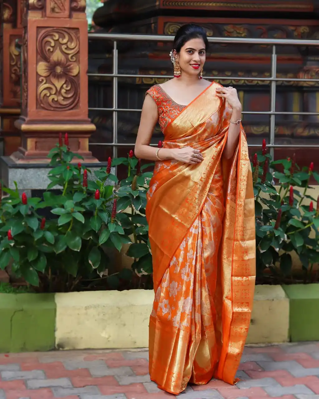 Orange Soft Lichi Silk Rich Pallu Border Saree - Image 3
