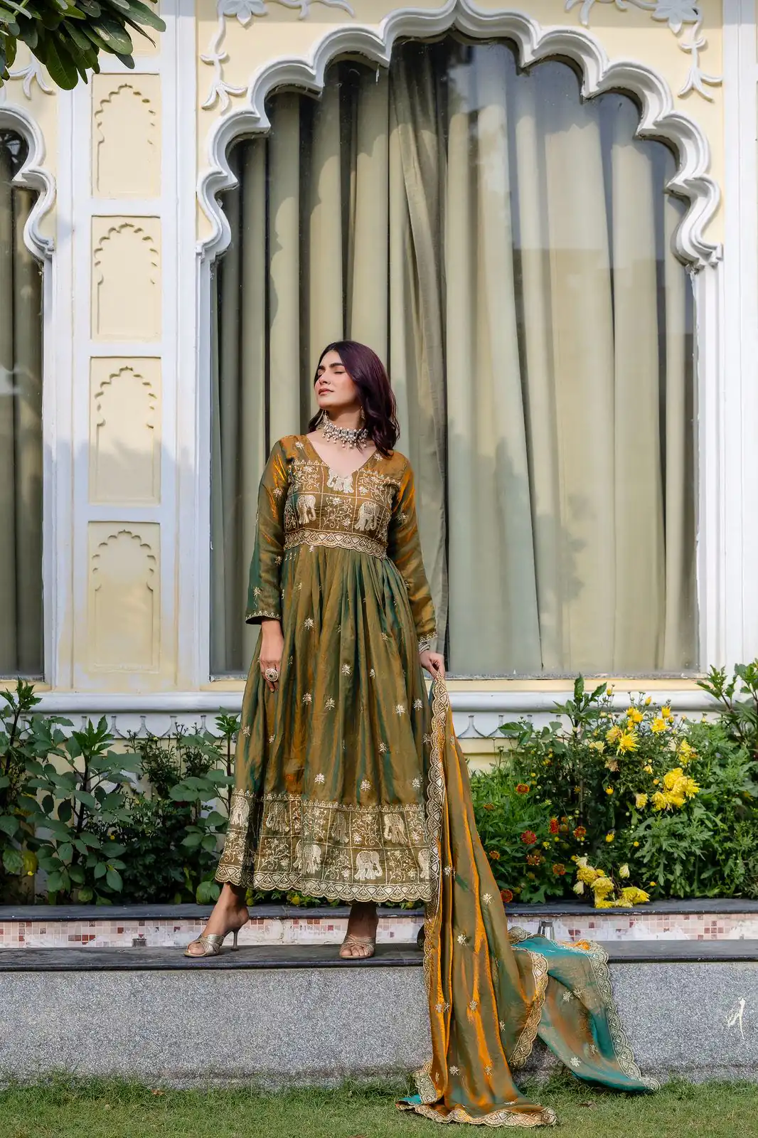 Mustered Fendy Satin Embroidery Work Gown - Image 13