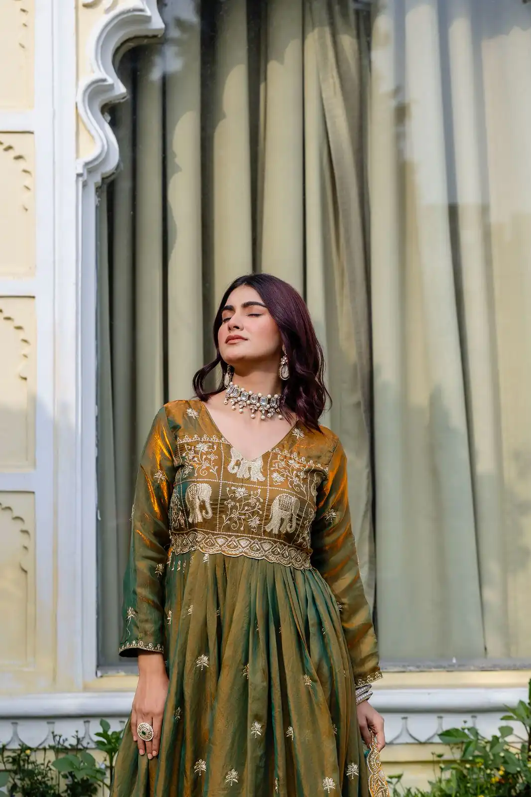 Mustered Fendy Satin Embroidery Work Gown - Image 12