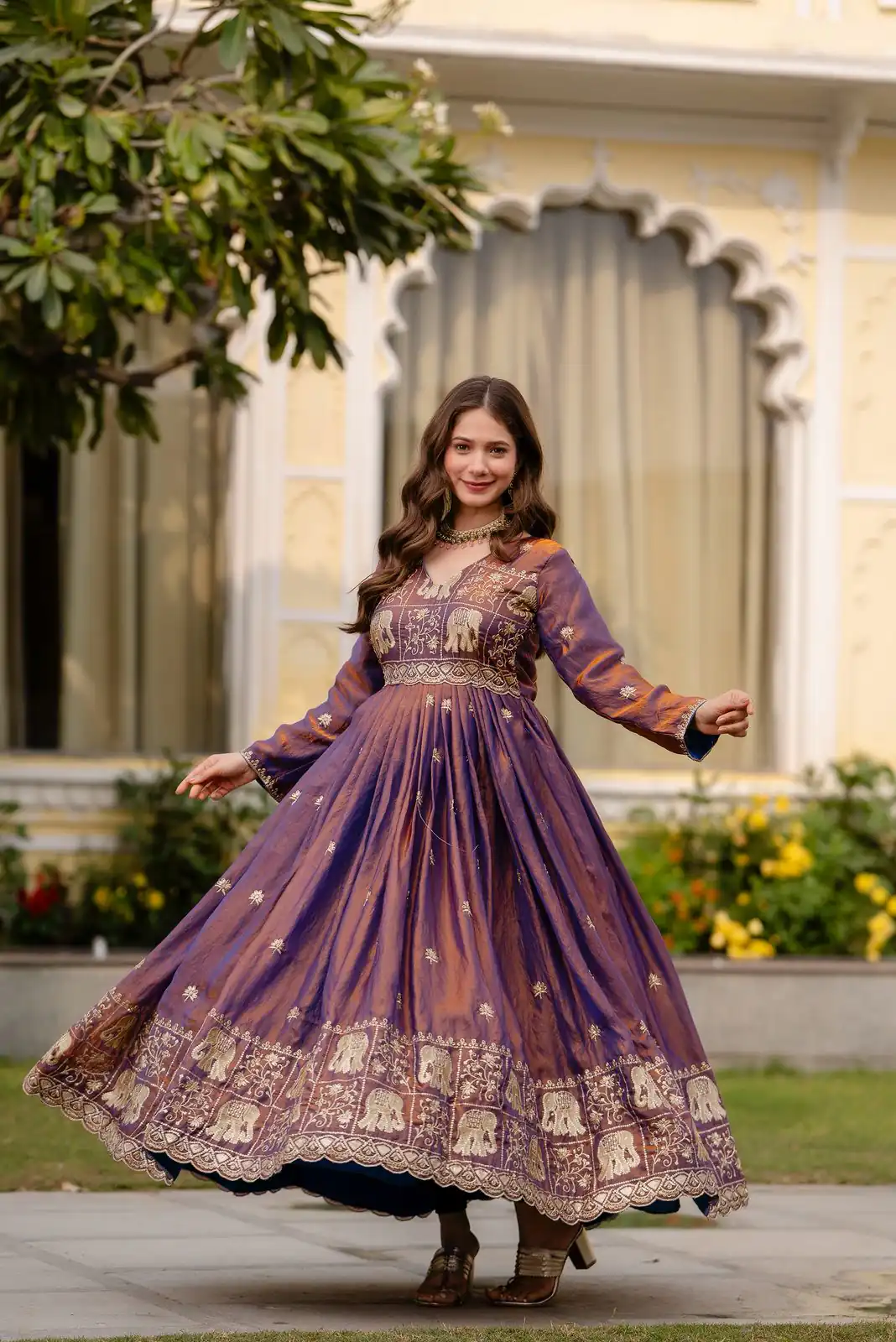 Purple Fendy Satin Embroidery Work Gown - Image 2