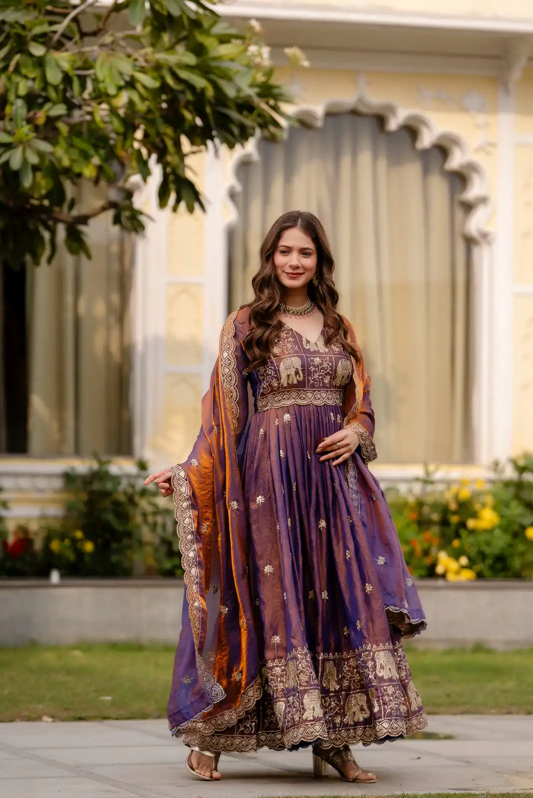 Purple Fendy Satin Embroidery Work Gown - Image 7