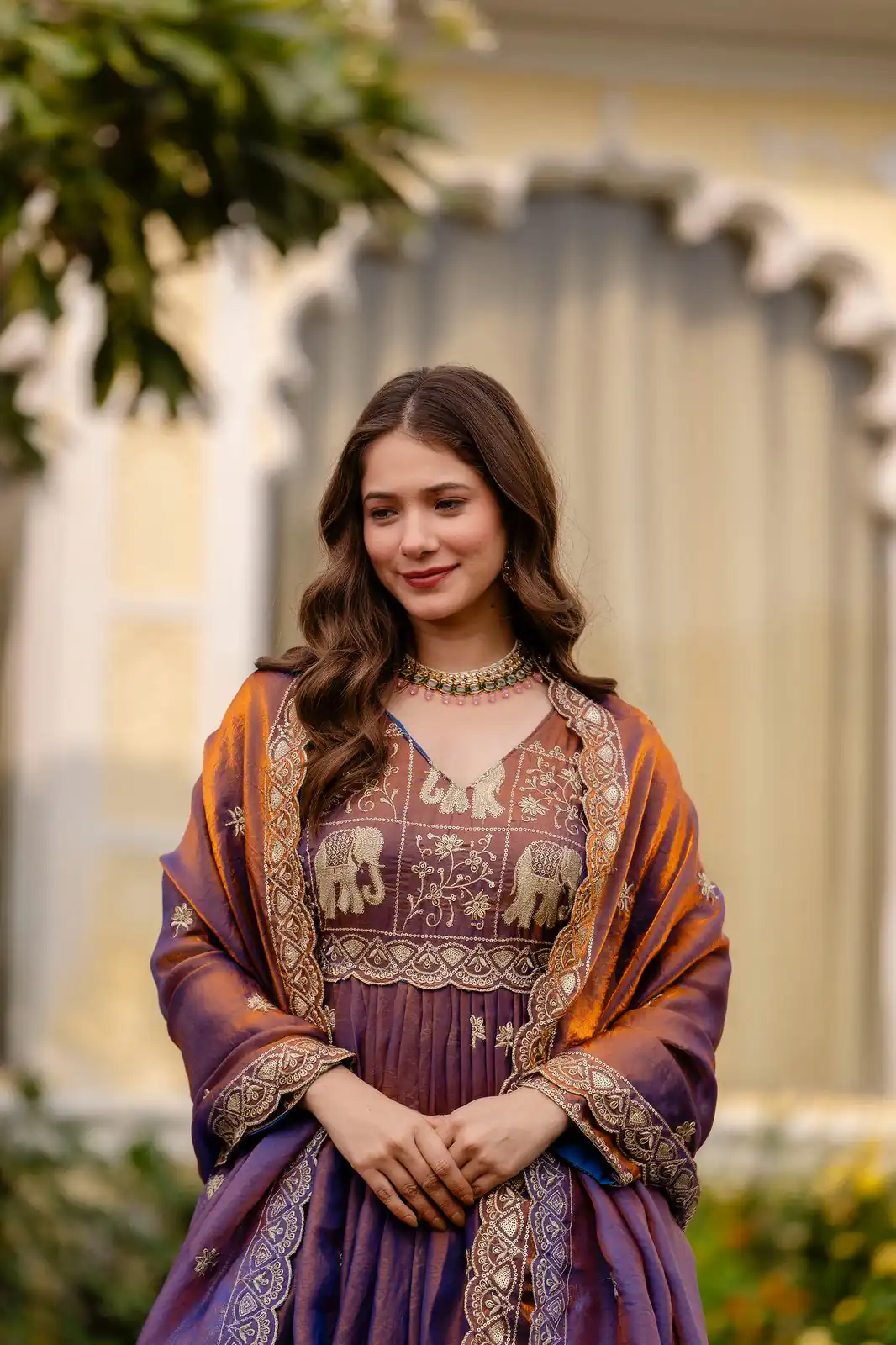 Purple Fendy Satin Embroidery Work Gown - Image 8