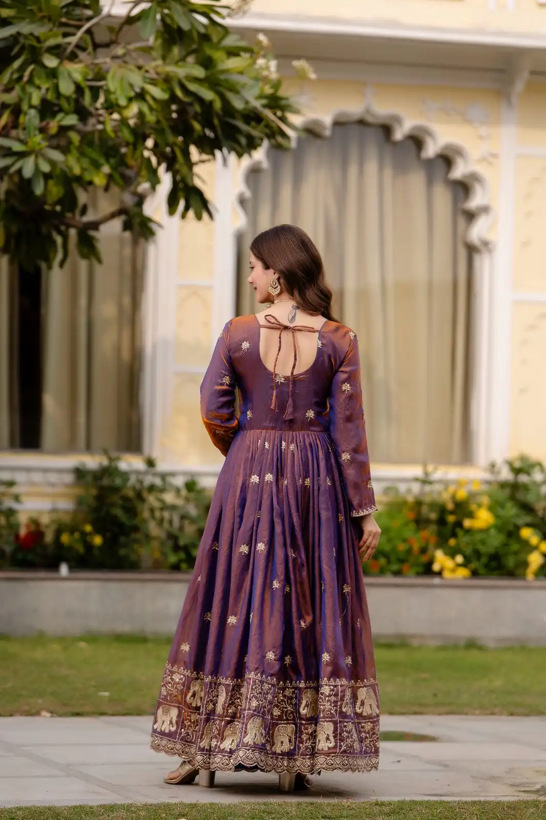 Purple Fendy Satin Embroidery Work Gown - Image 9