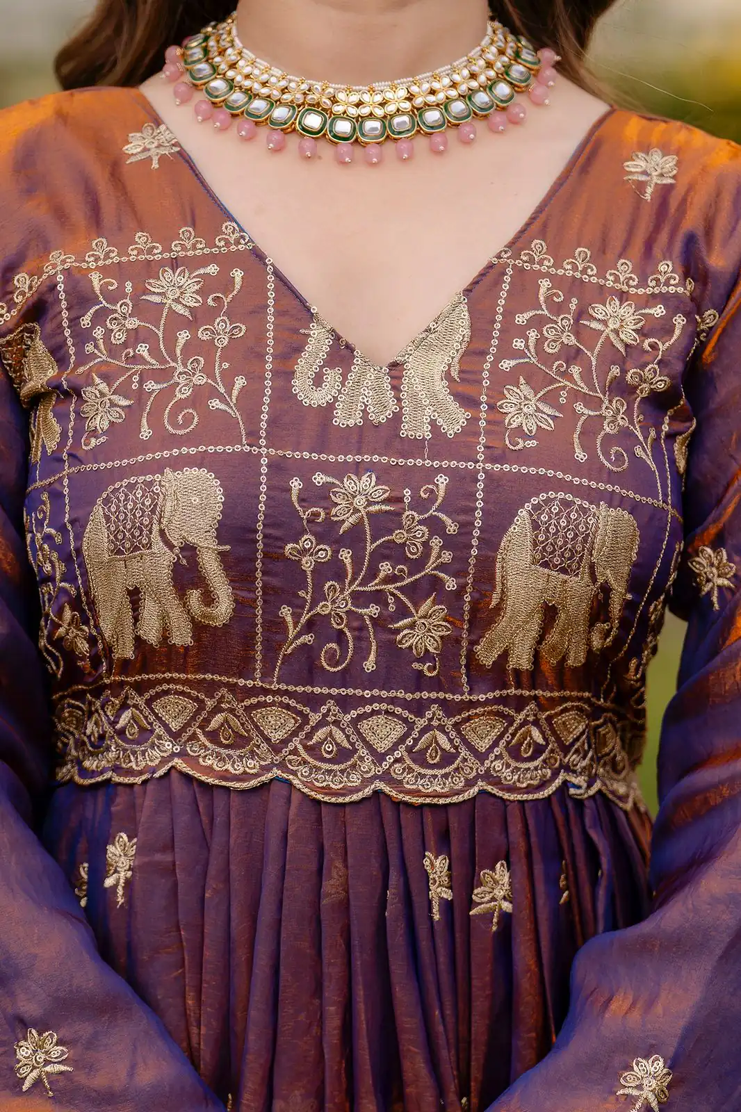 Purple Fendy Satin Embroidery Work Gown - Image 13