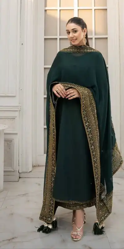 Teal Natural Crep Silk With Embroider Salwar Suit