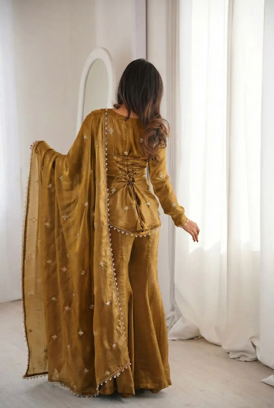 Mustered Fendy Silk Embroidery Lace Work Salwar Suit - Image 11