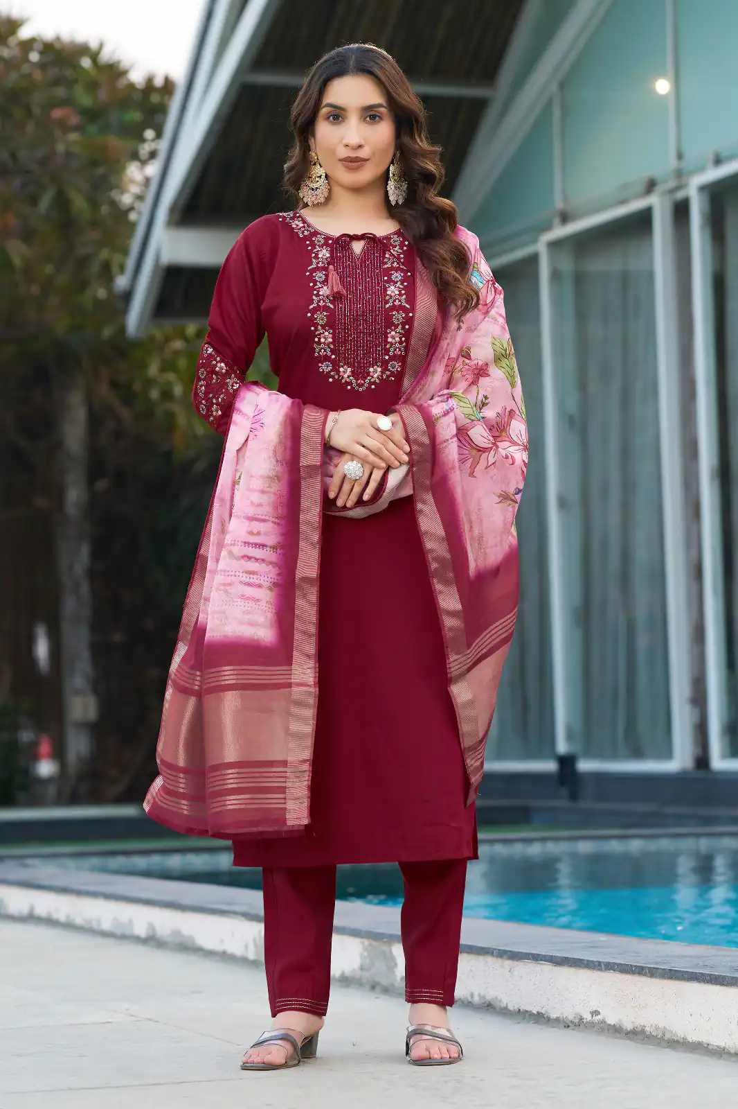 Maroon Viscose Silk Digital Print Embroider Work Salwar Suit