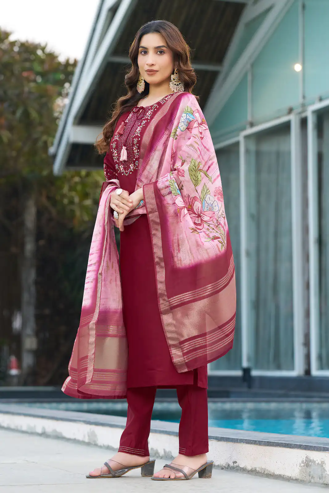 Maroon Viscose Silk Digital Print Embroider Work Salwar Suit - Image 3