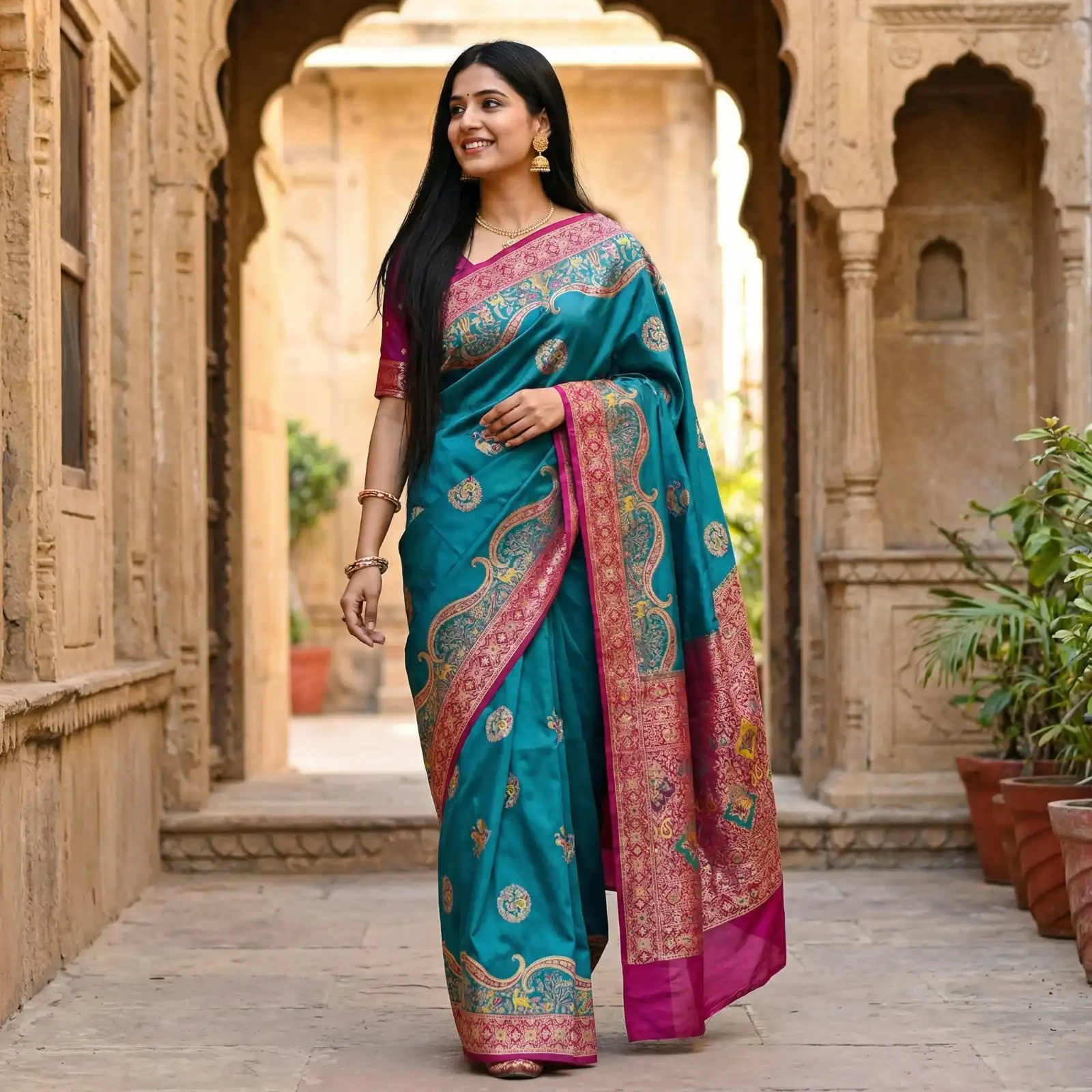 Teal Pashmina Silk Woven Lace Border Saree