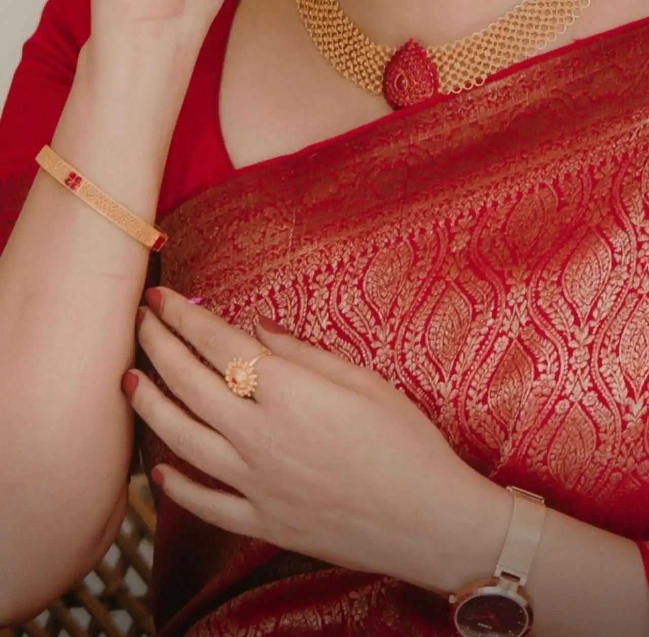 Red Lichi Silk Jacquard Lace Saree - Image 3