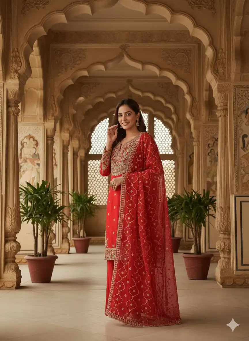 Red Fendy Embroidery Work Salwar Suit