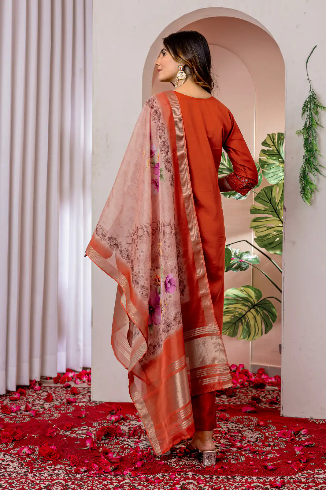 Orange Viscose Silk Thread Embroider Work Salwar Suit - Image 4