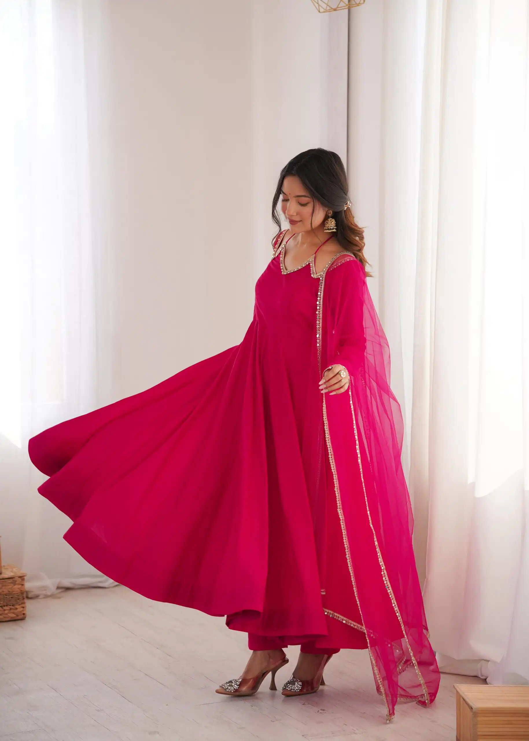 Dark Pink Soft Nylon Net Mirror Lace Work Anarkali Suit - Image 3