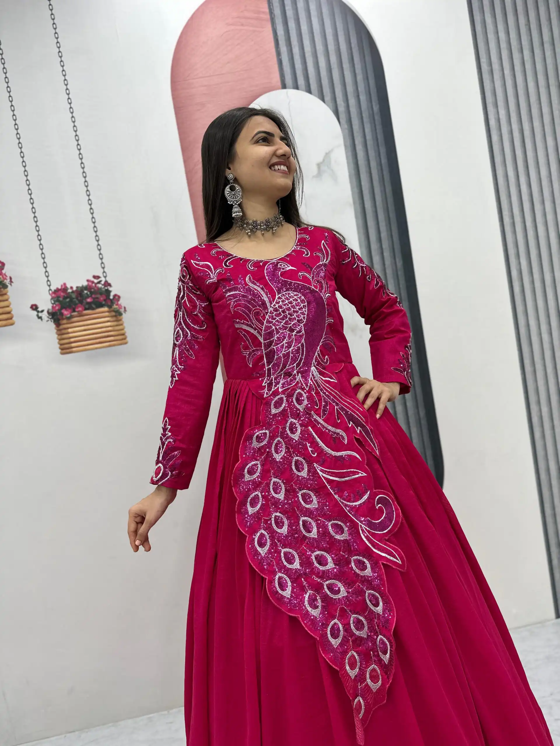 Pink Vichitra Silk Embroider Sequins Work Gown - Image 2