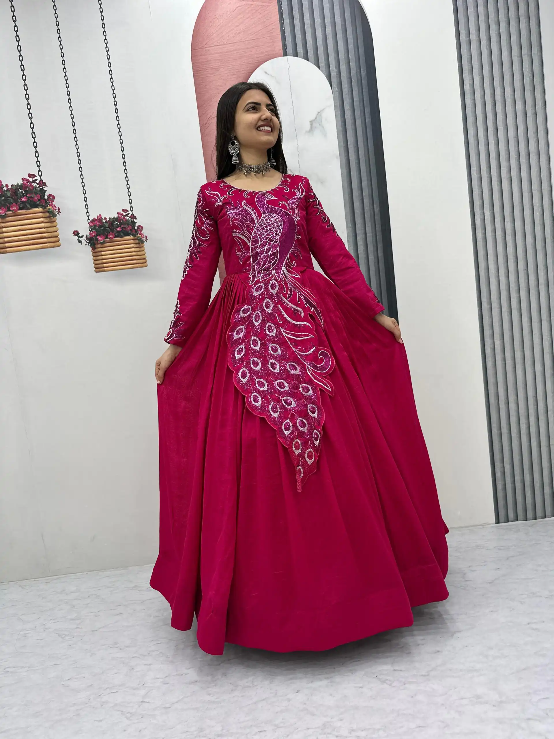 Pink Vichitra Silk Embroider Sequins Work Gown - Image 4
