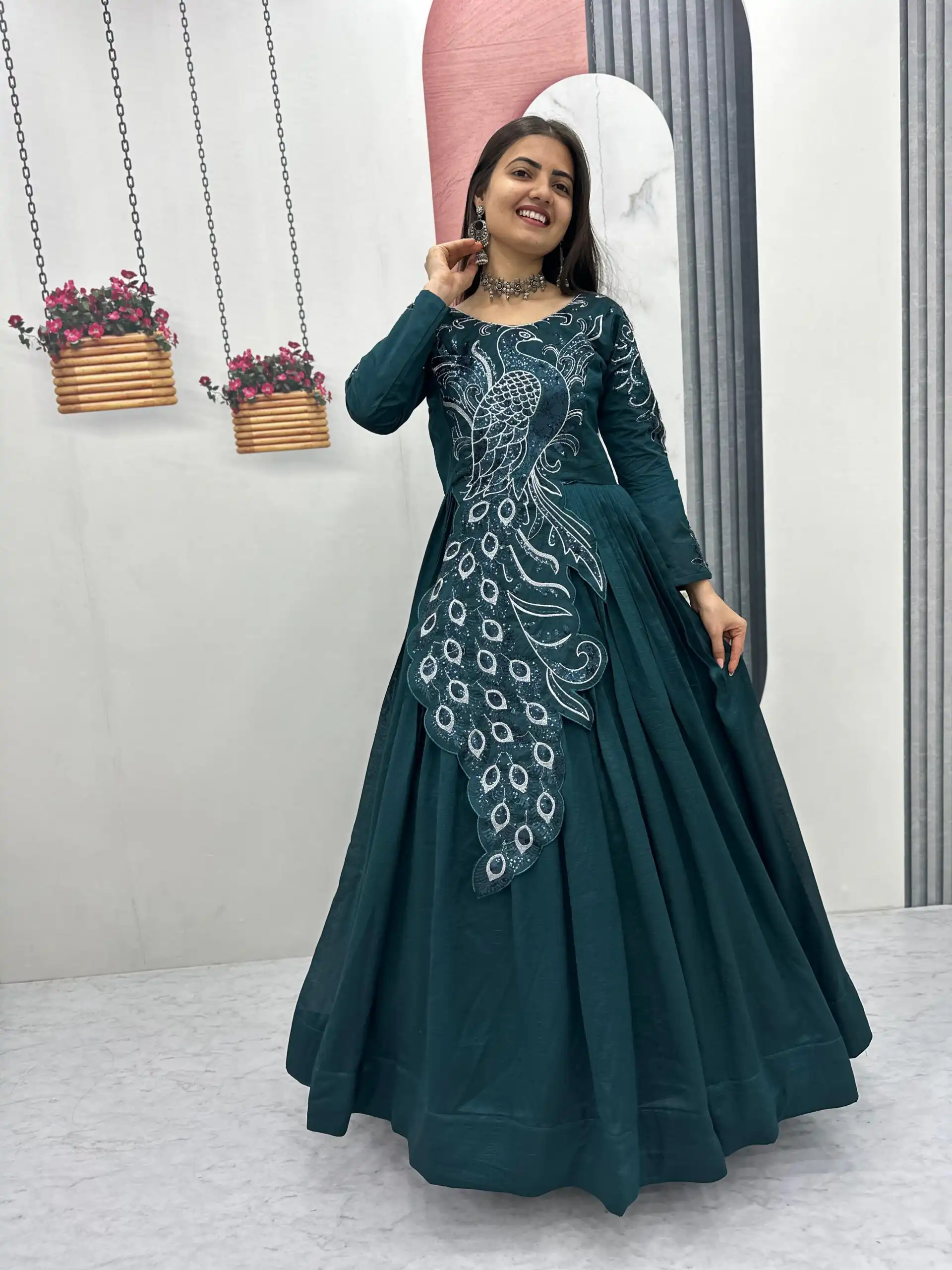 Teal Vichitra Silk Embroider Sequins Work Gown - Image 3