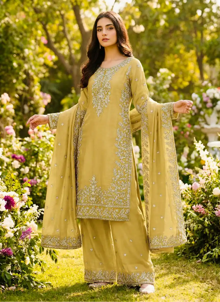Yellow Organza Silk With Sequence Work Salwar Suit - Image 2