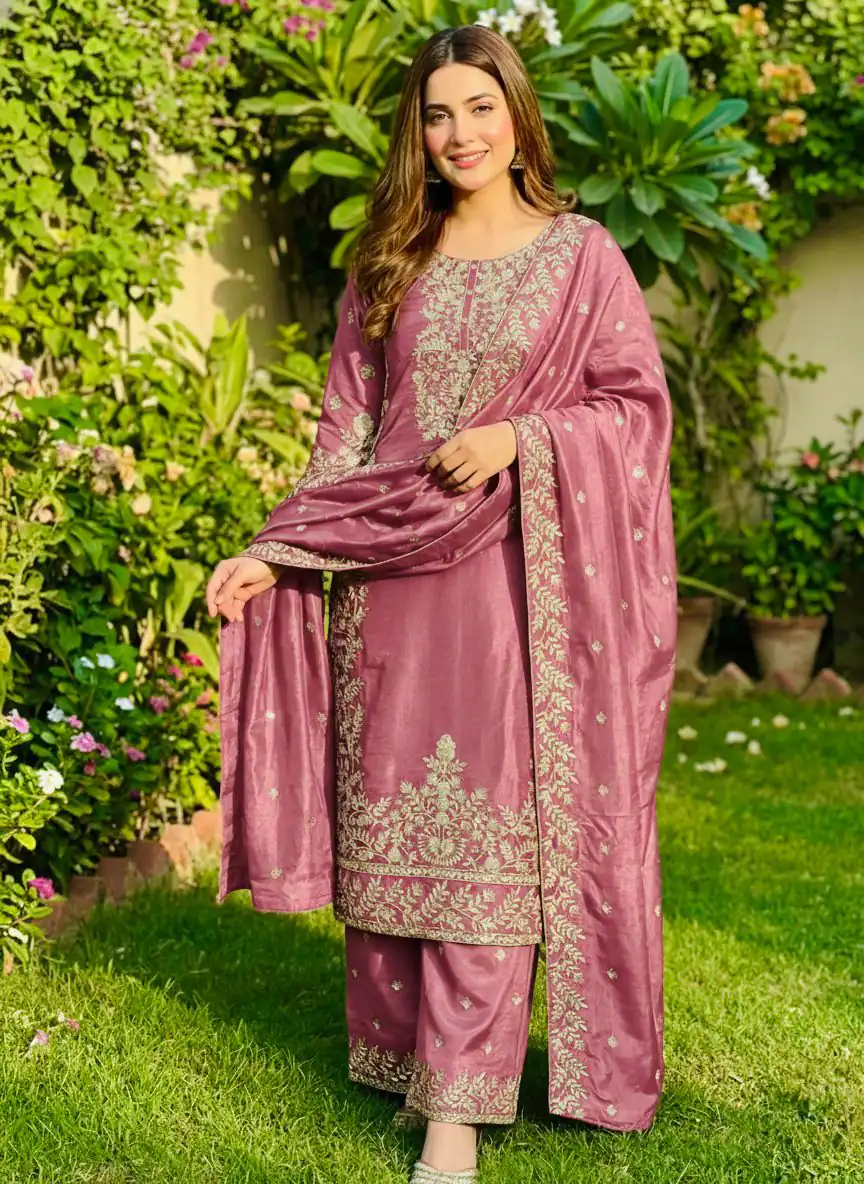 Pink Organza Silk With Sequence Work Salwar Suit - Image 2