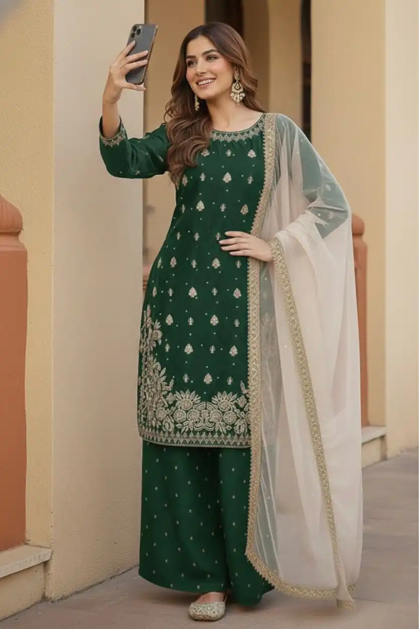 Green Zimmy Silk Embroider Work Salwar Suit - Image 2