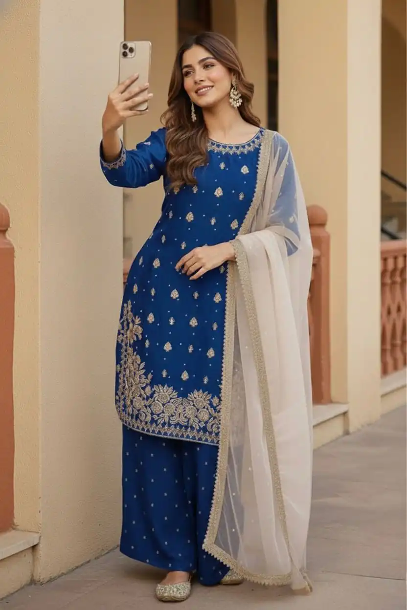 Royal Blue Zimmy Silk Embroider Work Salwar Suit