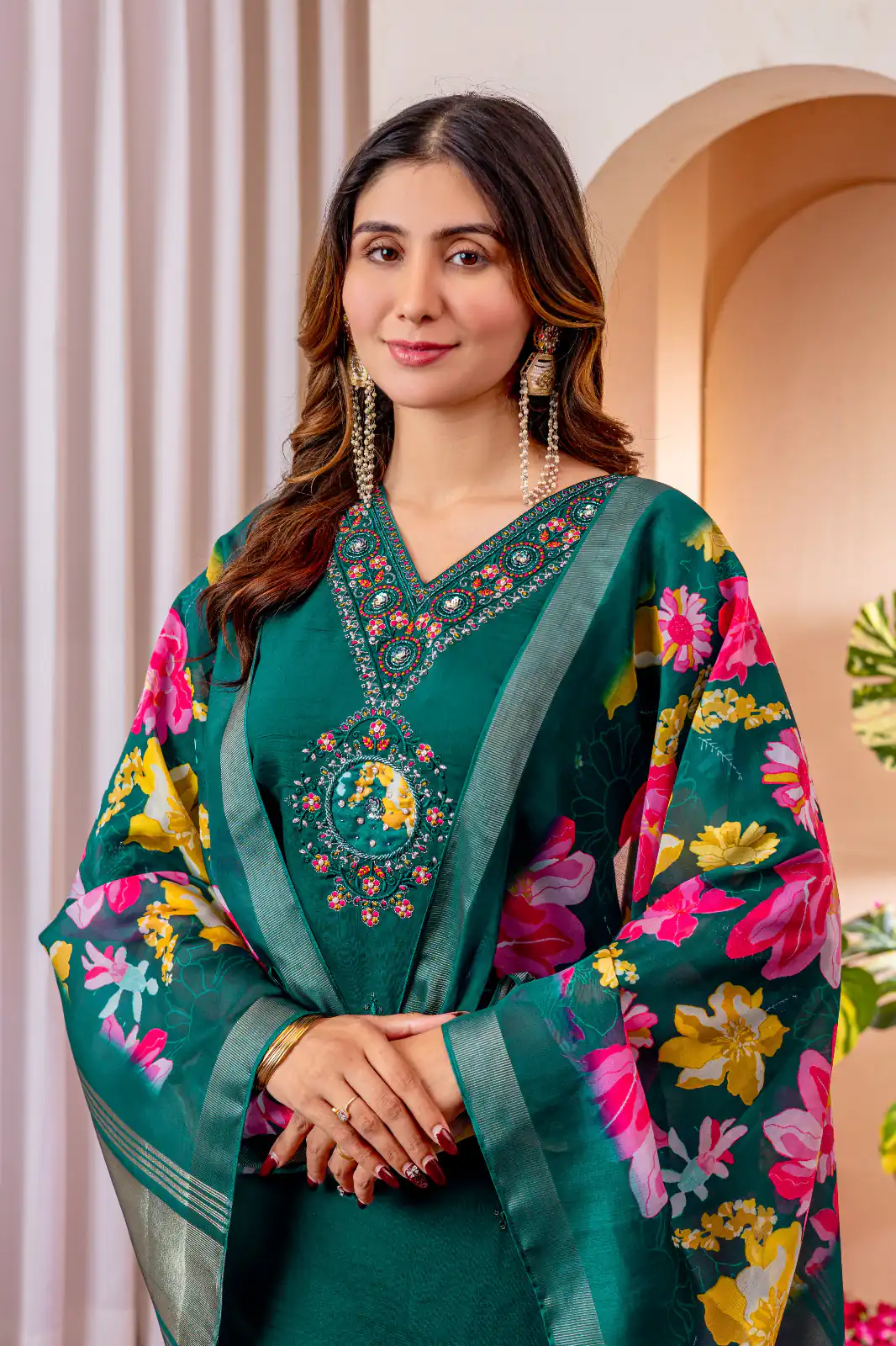 Teal Green Marina Silk Embroider Work Salwar Suit - Image 2