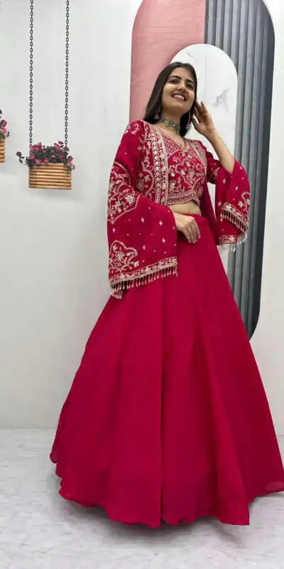 Pink Chinon Silk Thread Work Lehenga Choli
